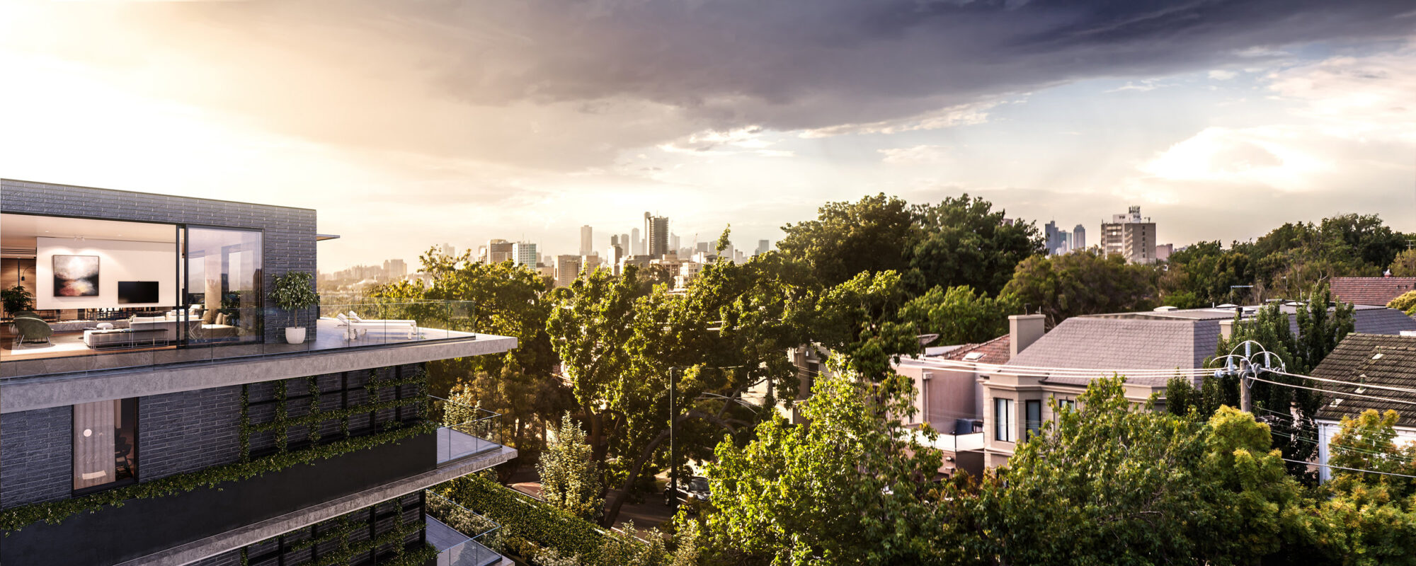Architectural render composited onto viewline photography base, showing a proposed residential development in context &mdash; an example of how clients use viewline imagery for photomontage and planning submissions