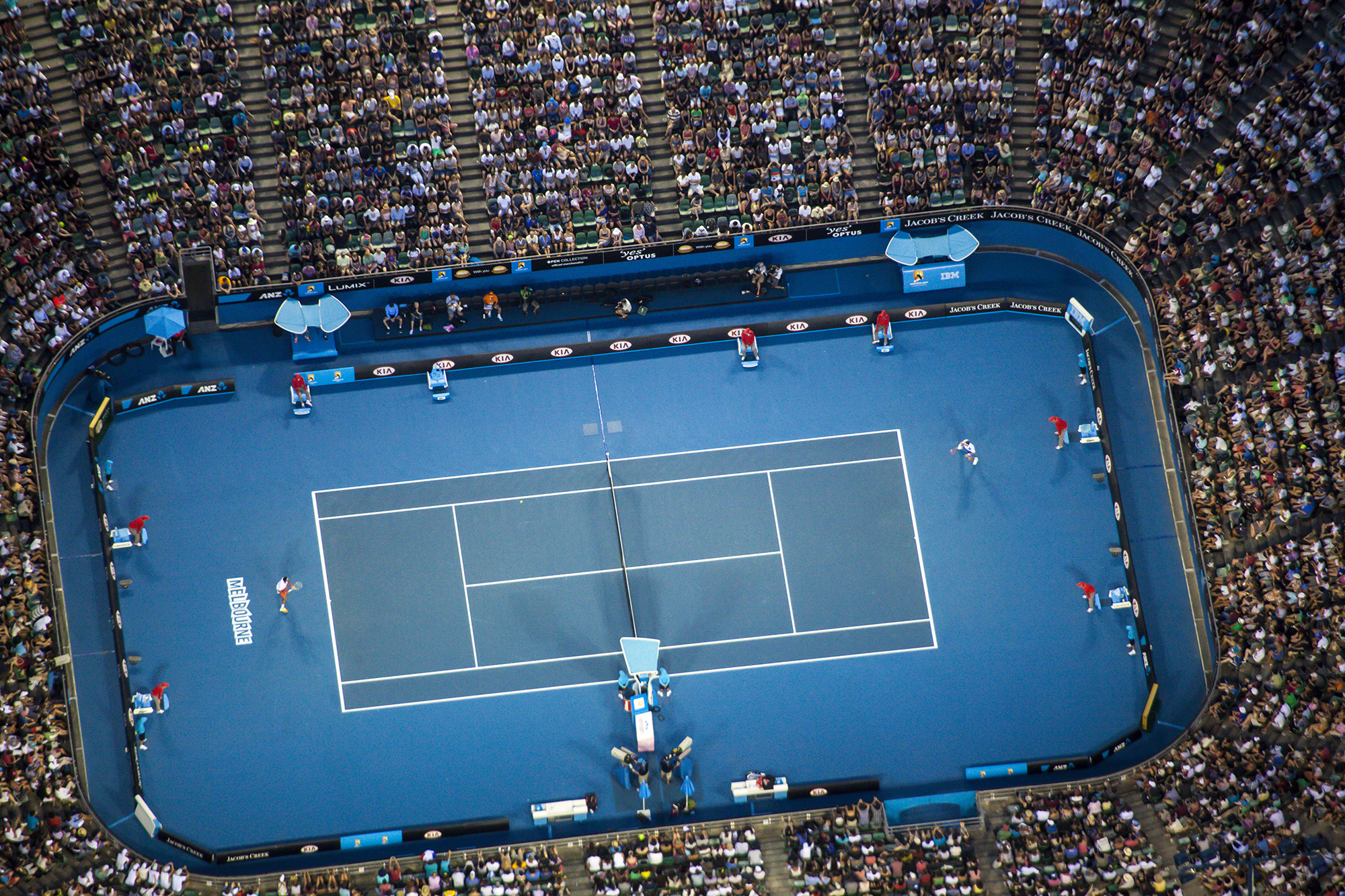 Aerial helicopter photography Australian Open Rod Laver Arena Melbourne dusk