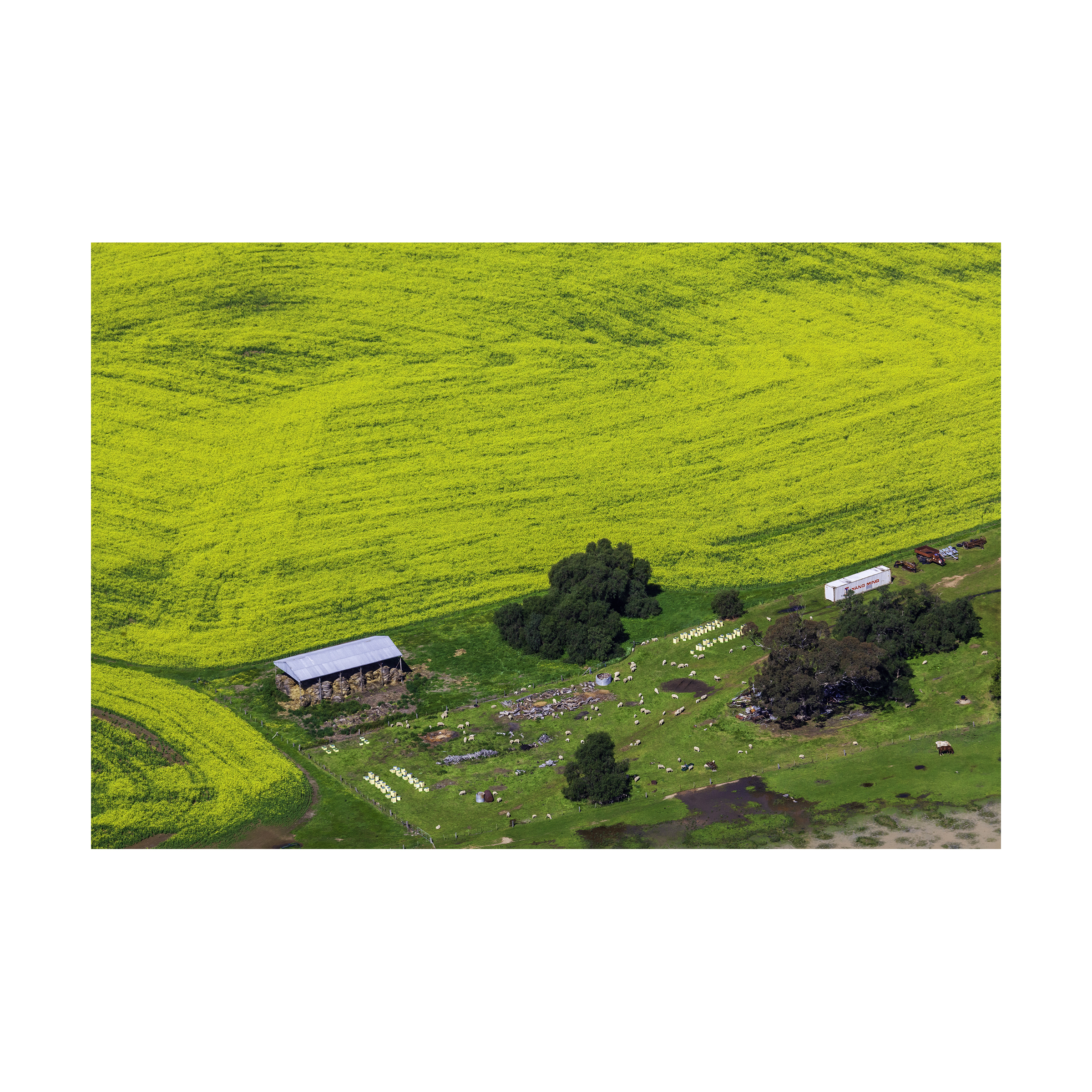 Aerial photography of Victorian farm with contoured paddocks and central homestead visible from altitude