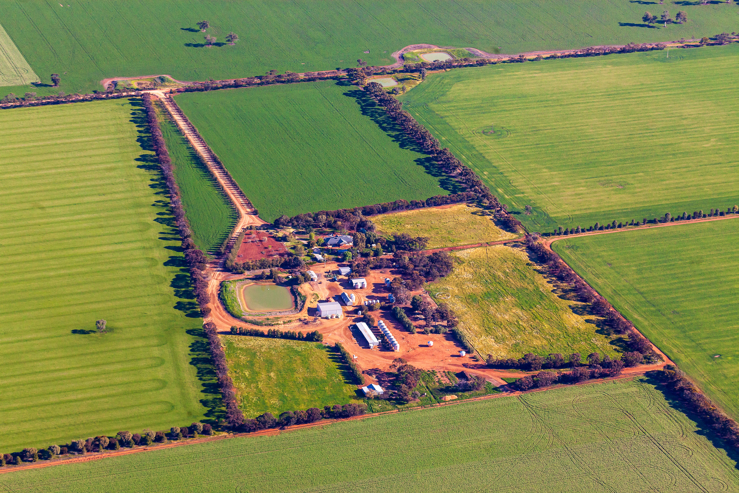 Aerial rural photography showing broad-acre grain farming land in Victoria with harvest stubble patterns