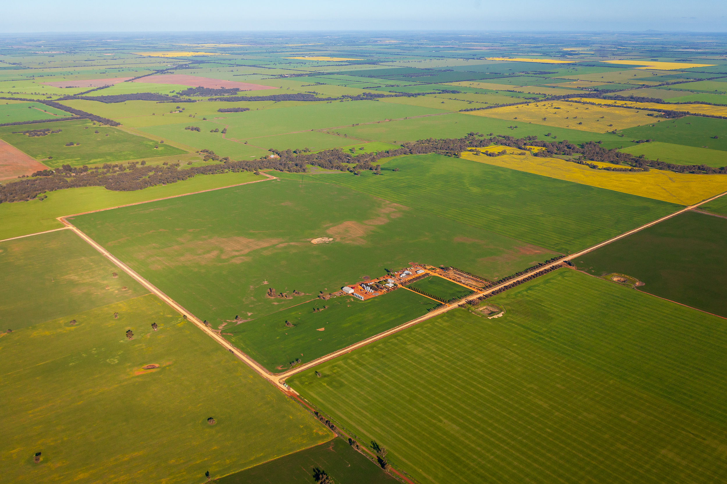 Top-down aerial view of Victorian farm with geometric paddock shapes and connecting laneways captured from aircraft