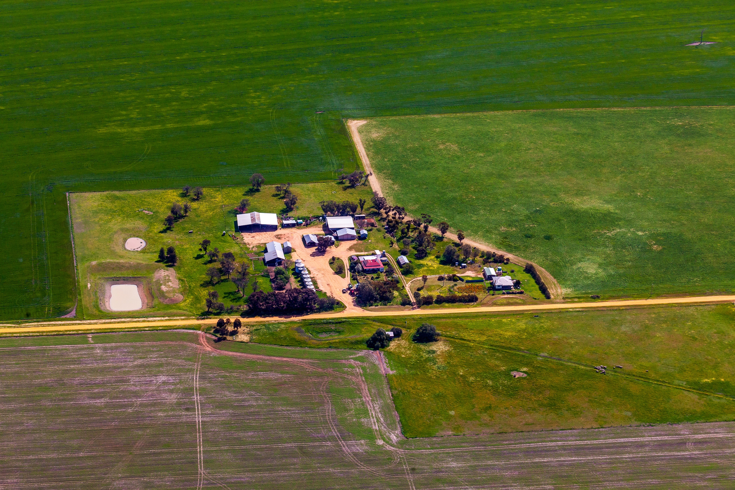 Fixed-wing aerial image of Victorian cropping farm with freshly tilled soil and planting rows from altitude