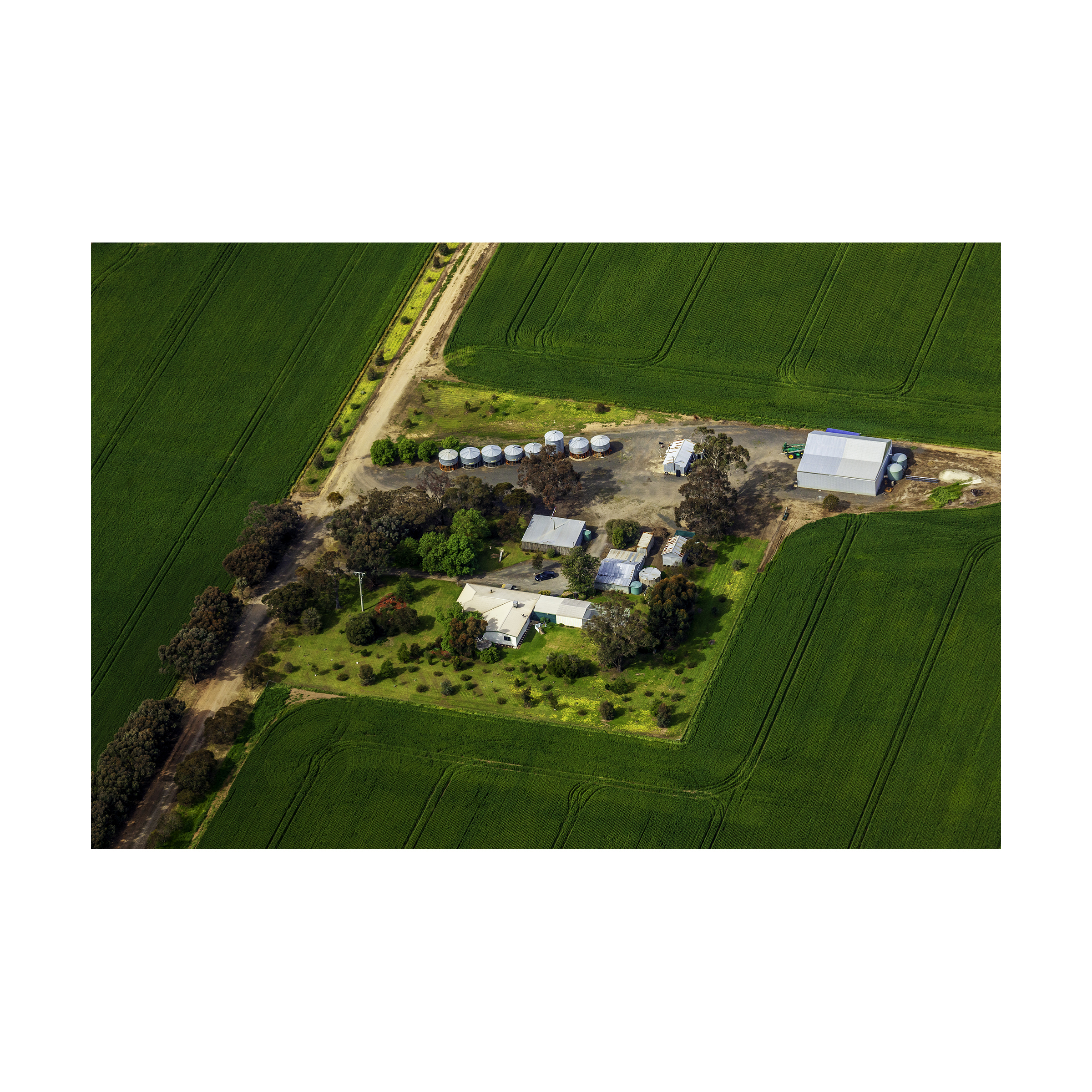 High altitude aerial photograph of rural property boundary lines and tree-lined laneways across Victorian farmland