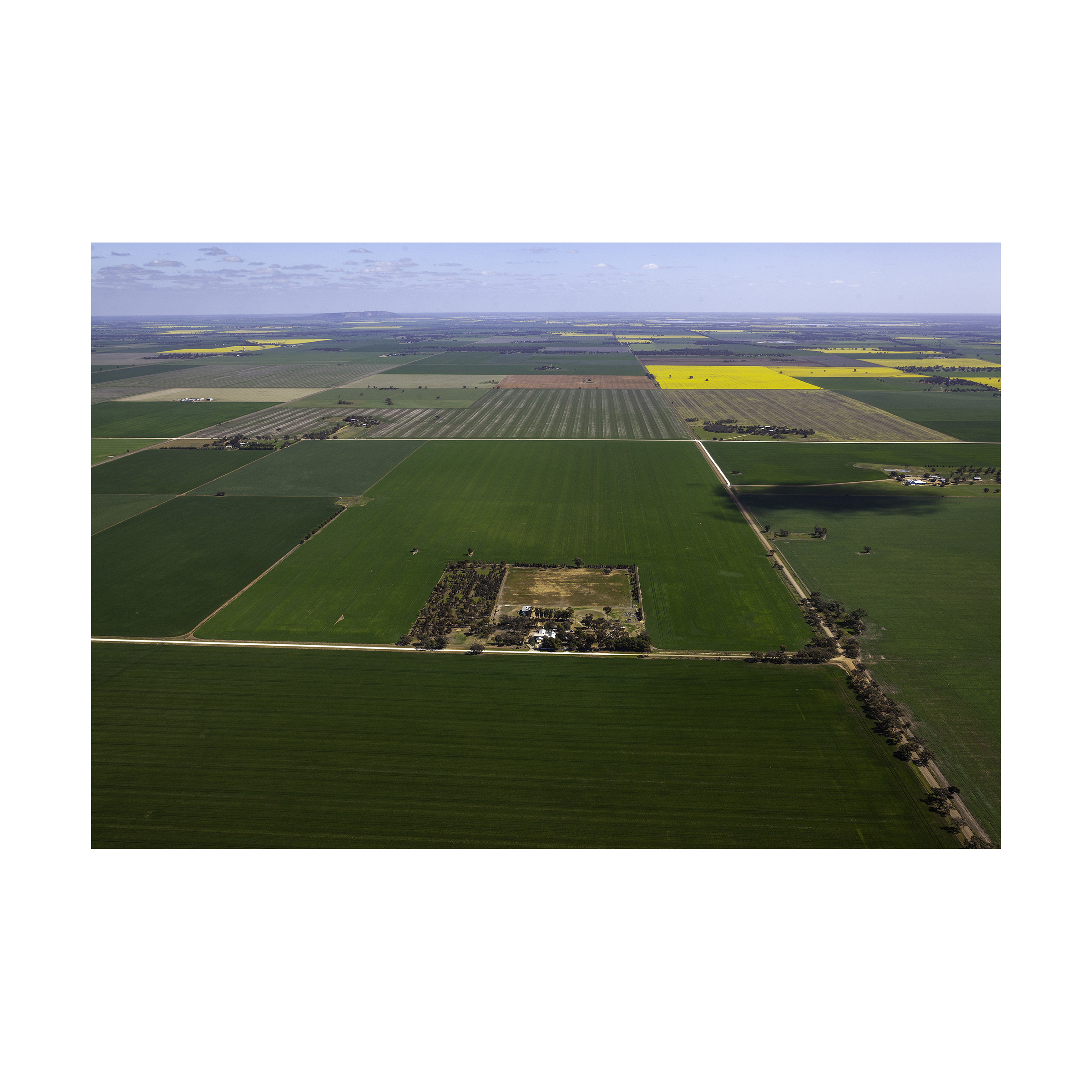 Aerial view of Victorian farm showing irrigated cropping paddocks and dam infrastructure photographed from fixed-wing aircraft