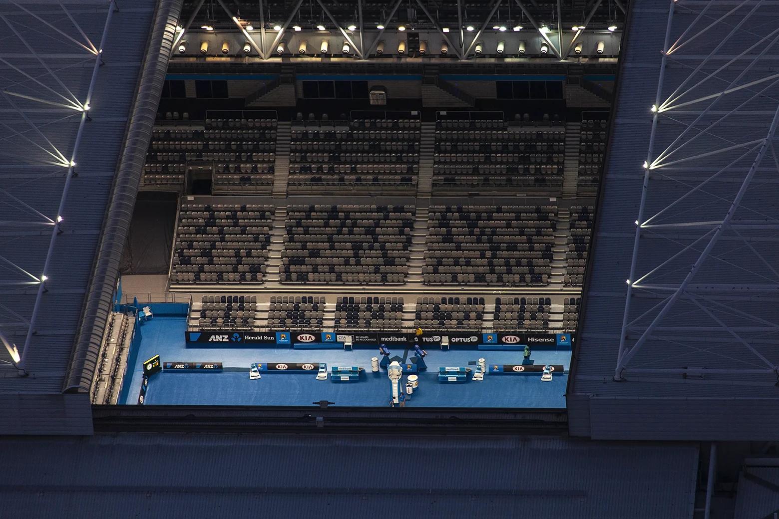 Aerial photography of Rod Laver Arena during the Australian Open in Melbourne showing tennis court, seating and stadium structure captured for major event coverage