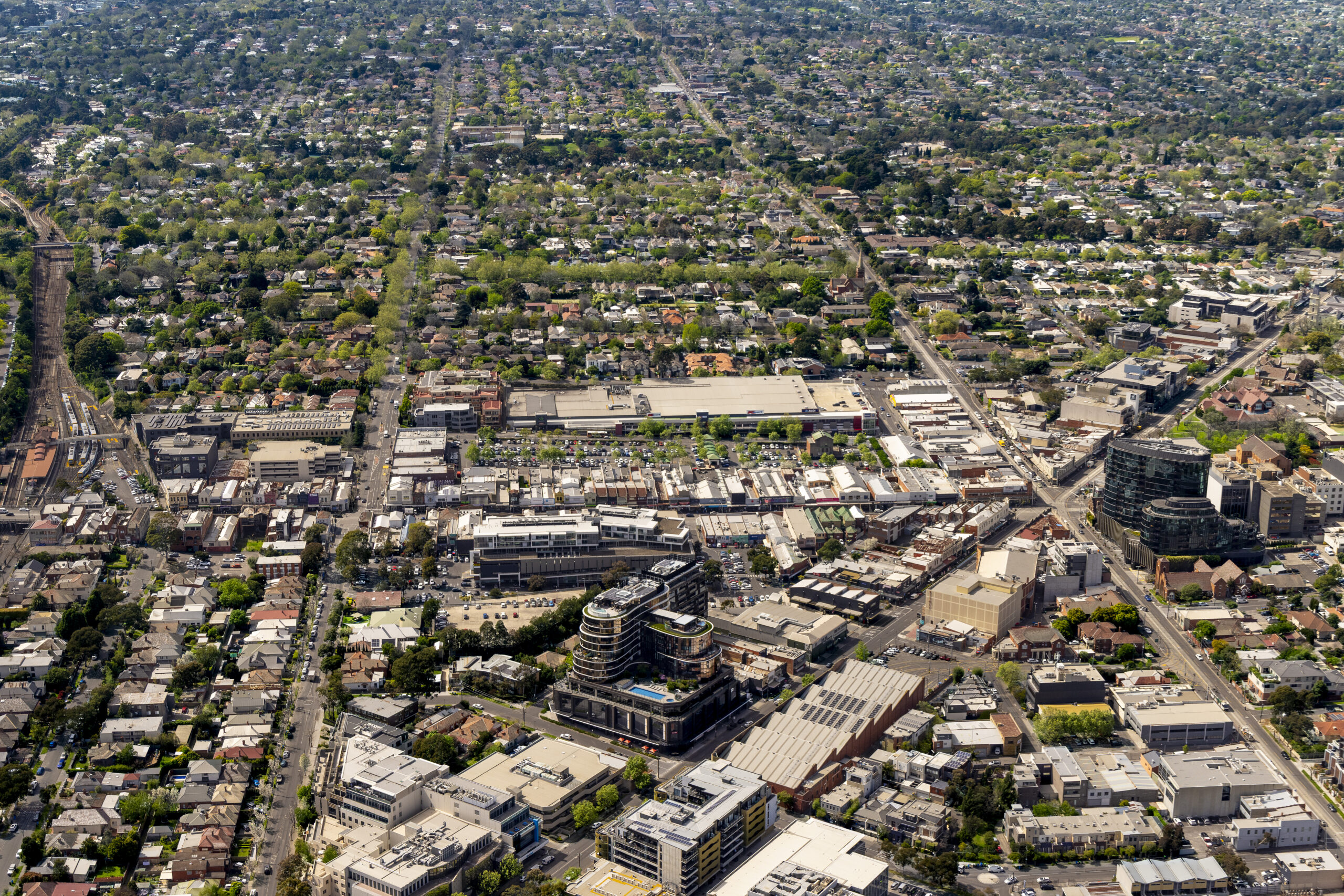 Aerial photography of Camberwell Junction Melbourne VIC showing commercial centre and surrounding residential suburbs captured from a fixed wing aircraft