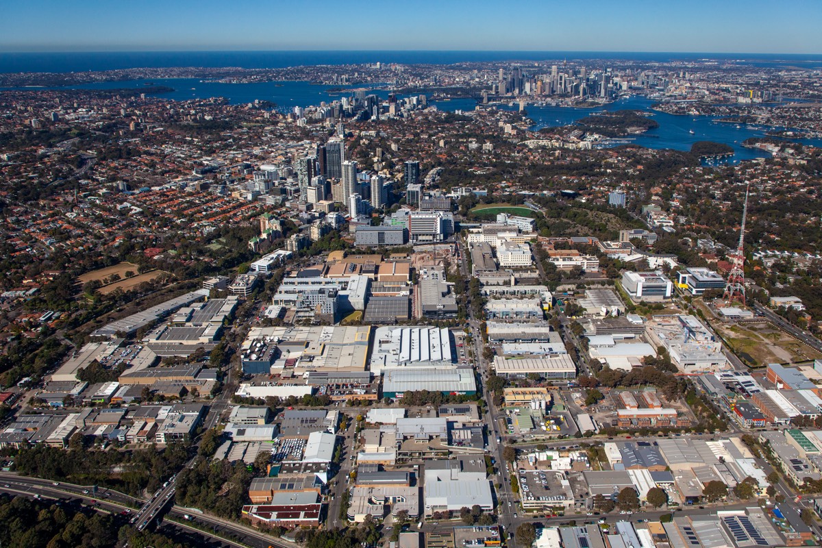 Helicopter aerial photograph of Artarmon, Sydney, with Sydney Harbour visible in the distance